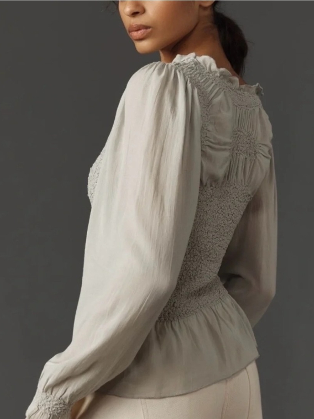 NWT Anthroplogie Smocked Ruffle Hem Long-Sleeve Top in Light Gray/Green - Picture 3 of 8